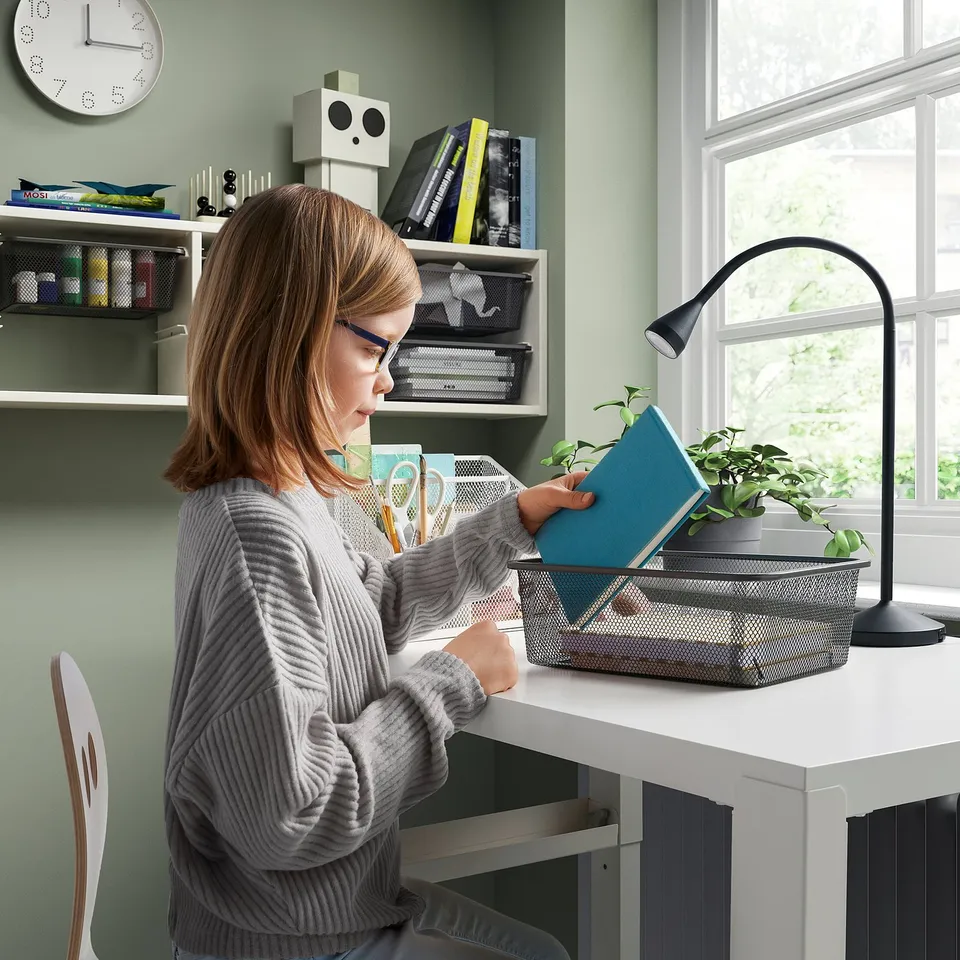 Teen organising blue binder in mesh box on desk with lamp & plant.