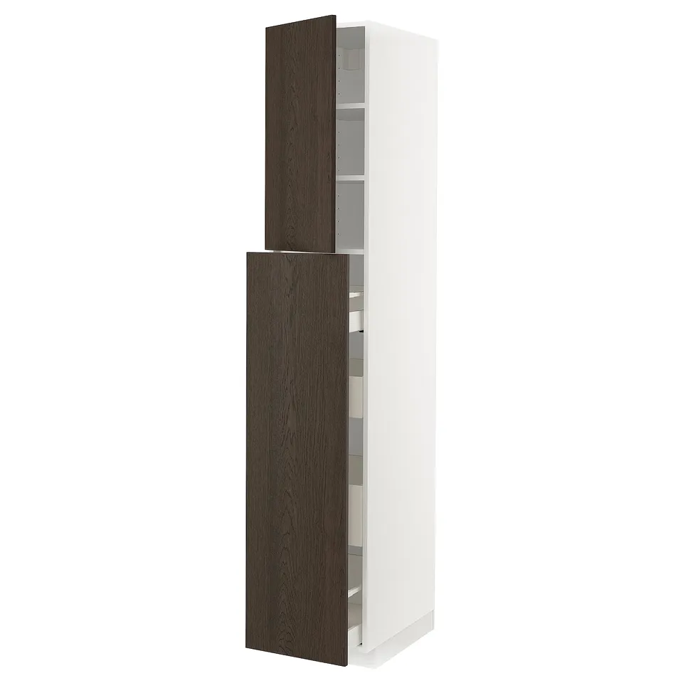 A white METOD kitchen cabinet with dark brown sinarp wooden doors. Tall and slim, featuring soft-close drawers and shelves inside.