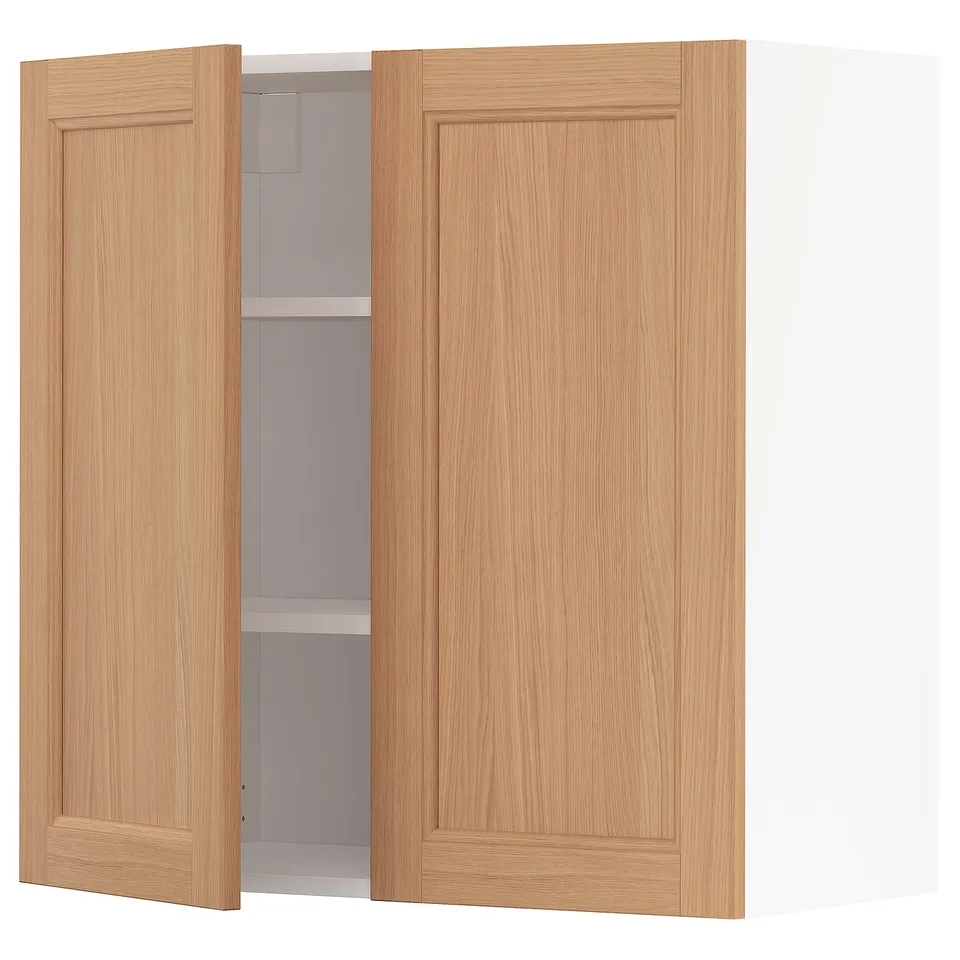 METOD wall cabinet with oak doors, adjustable shelf, white frame, square design.