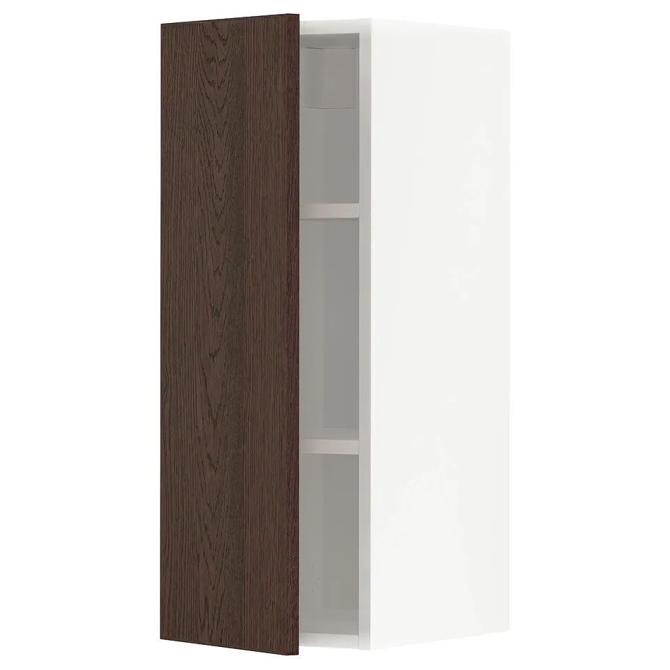 Dark brown oak cabinet with white shelves.