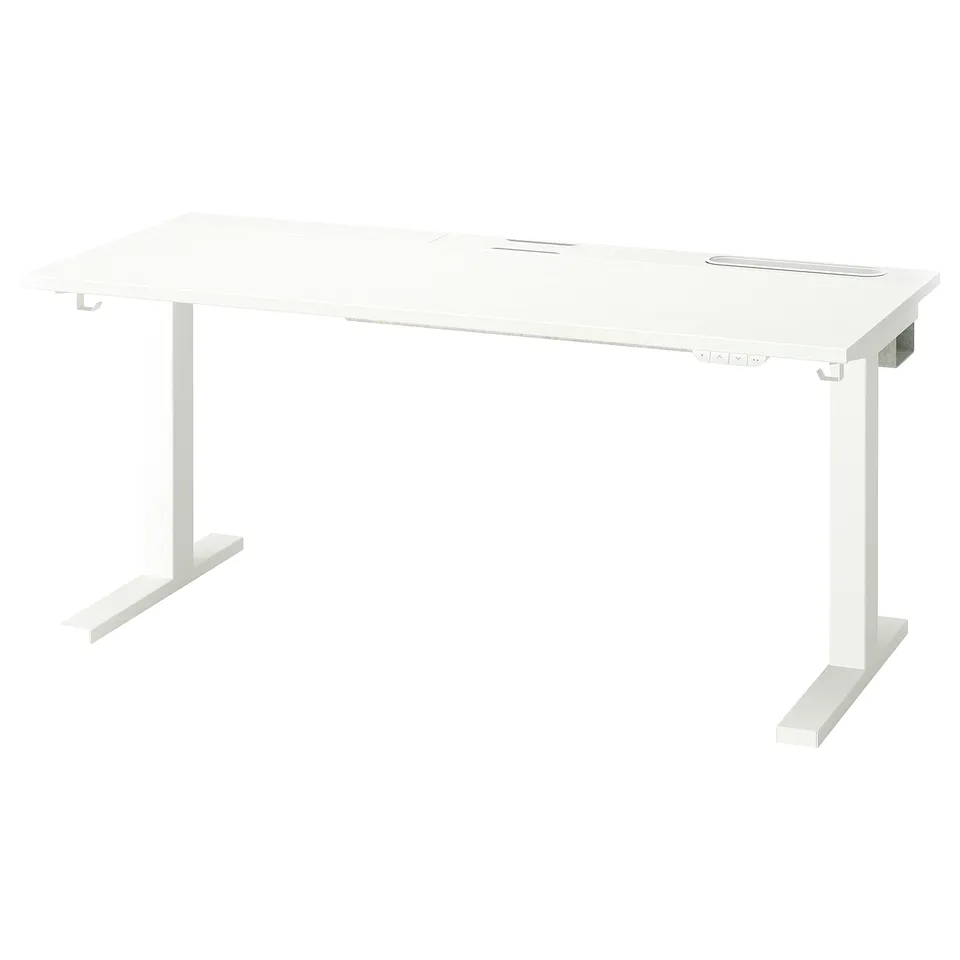 MITTZON white sit-stand desk, modern, adjustable height, dual motors, with hooks and cable tray.