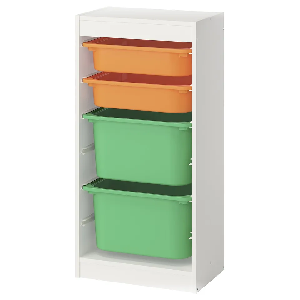 TROFAST storage unit: white frame, 2 orange, 2 green plastic bins, stackable, modern kids storage.