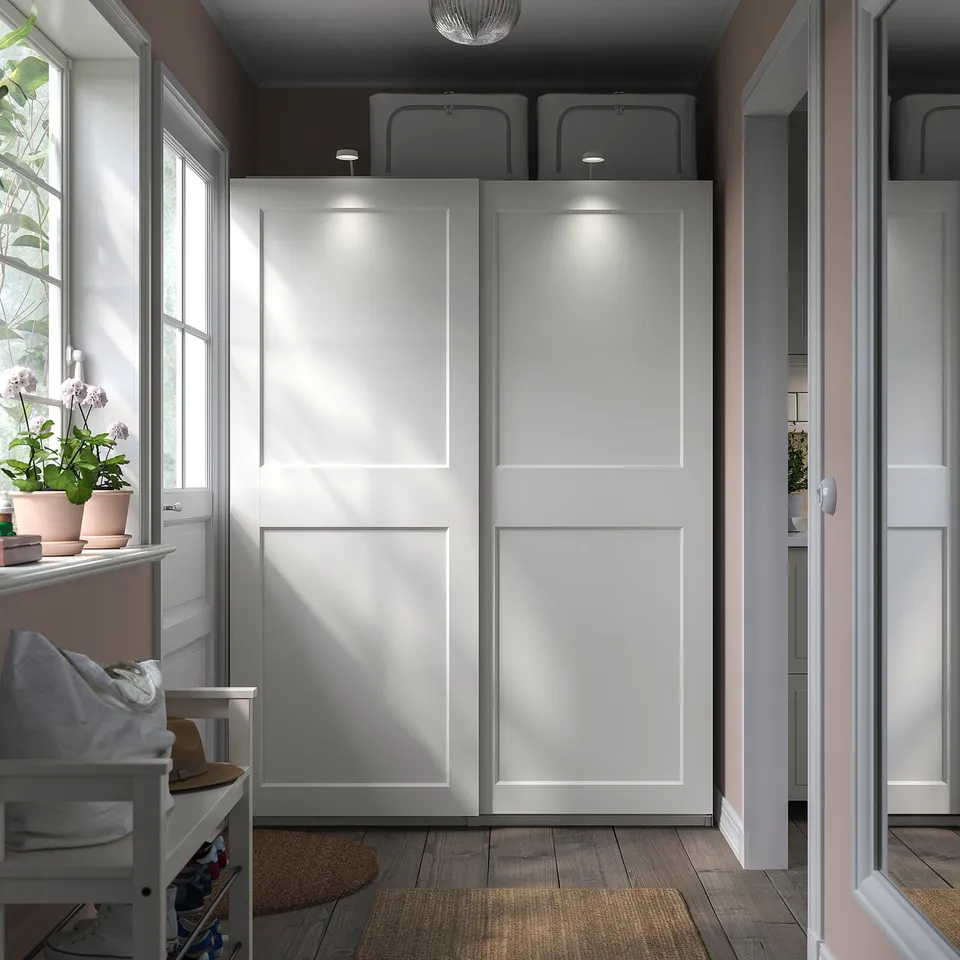 Modern white wardrobe with sliding doors, simple panel design, wood floor, potted plants.