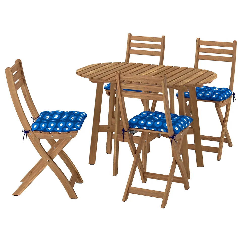 Blue and brown outdoor dining set with foldable chairs.