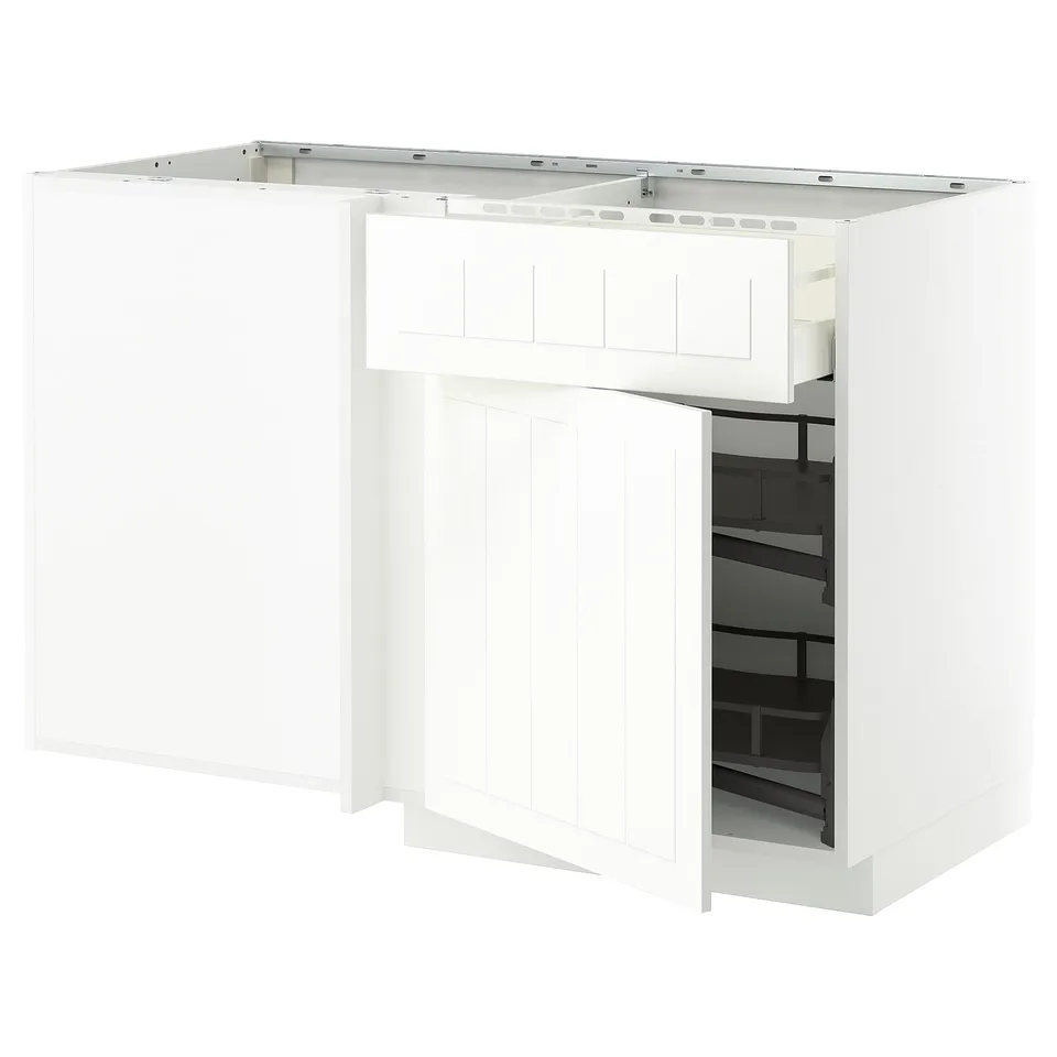White METOD kitchen unit with open drawer, sleek & modern design, corner pull-out shelf for storage.