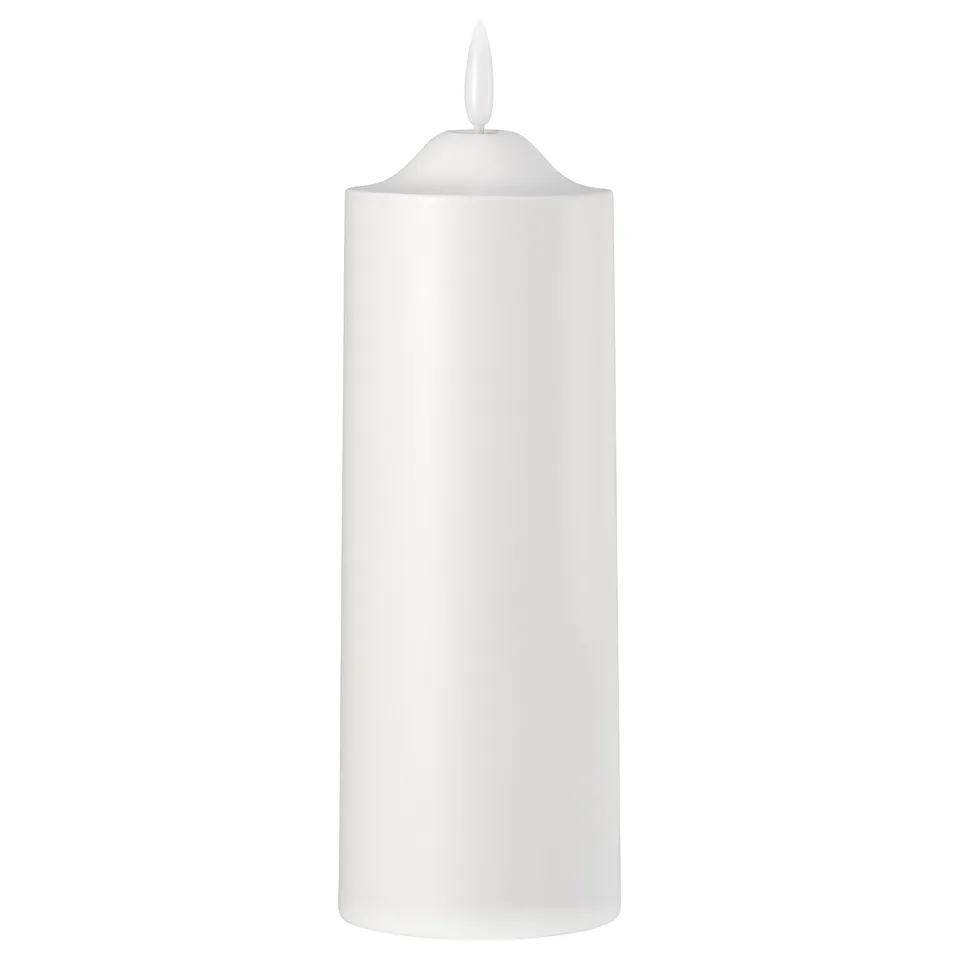 White SMÅLOM led pillar candle with smooth surface and domed top, made of polypropylene plastic.