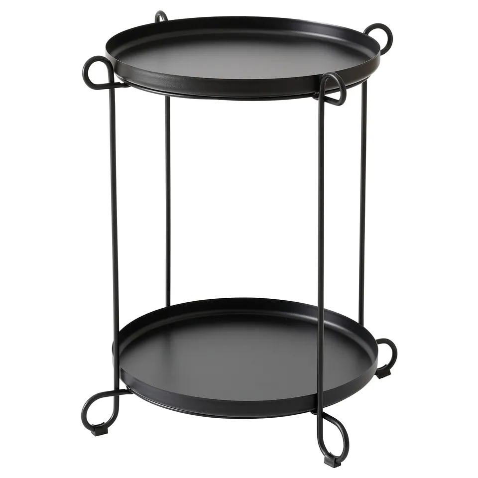 Black LIVELYCKE side table with two round trays, supported by a metal frame with loop handles, perfect for serving and storage.