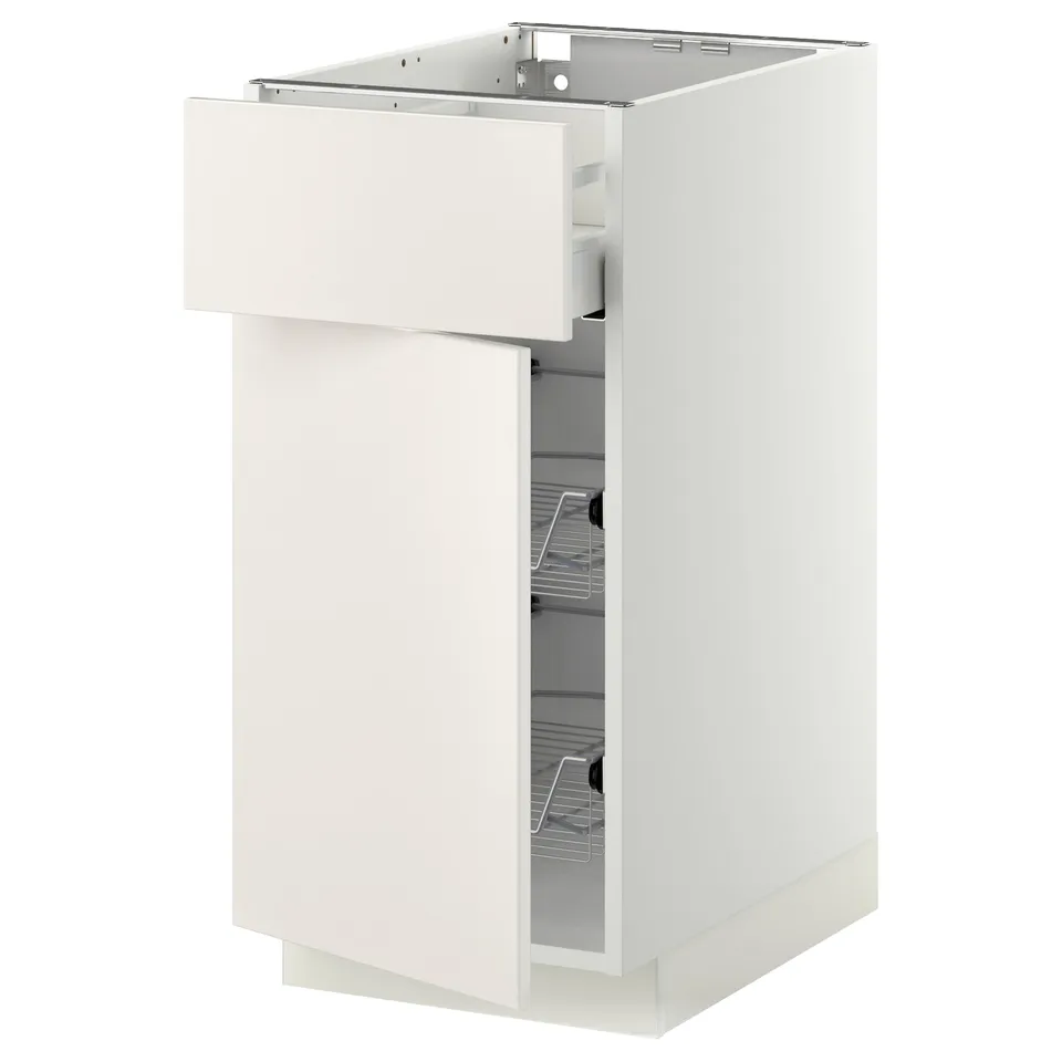 White METOD kitchen cabinet with veddinge smooth fronts, single drawer, wire baskets.