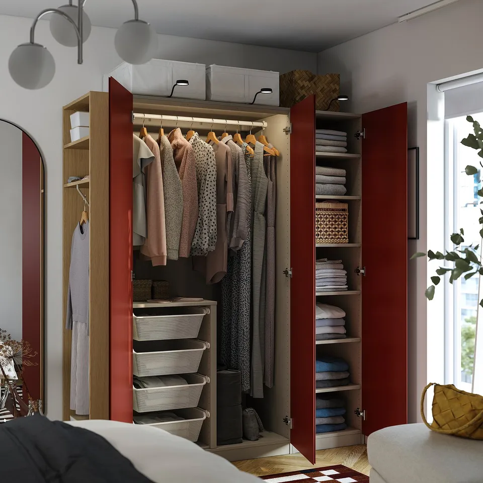 PAX / VIKANES Wardrobe combination, grey-beige/red-brown, 150x60x201 cm