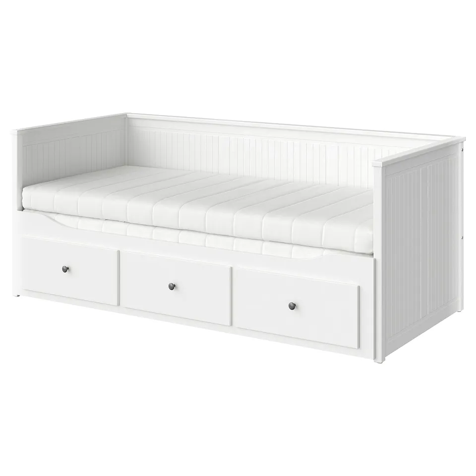 White HEMNES multi-functional day-bed with drawers and foam mattress.