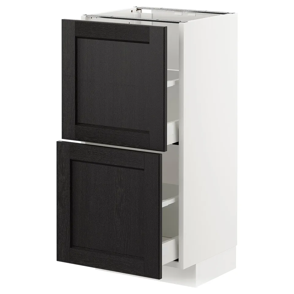 METOD kitchen cabinet - black wood & white, tall & slim, with shelves.