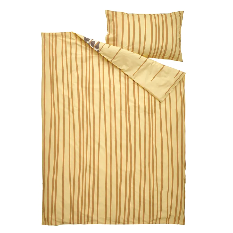 Yellow and brown striped bedding set with pillow, recycled polyester zippers.