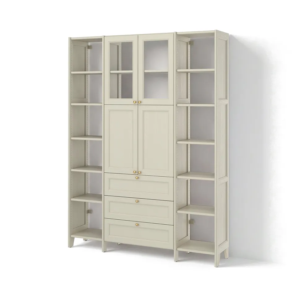 GULDDRAGARE Storage combination, beige/clear glass with 3 drawers, 162x37x216 cm