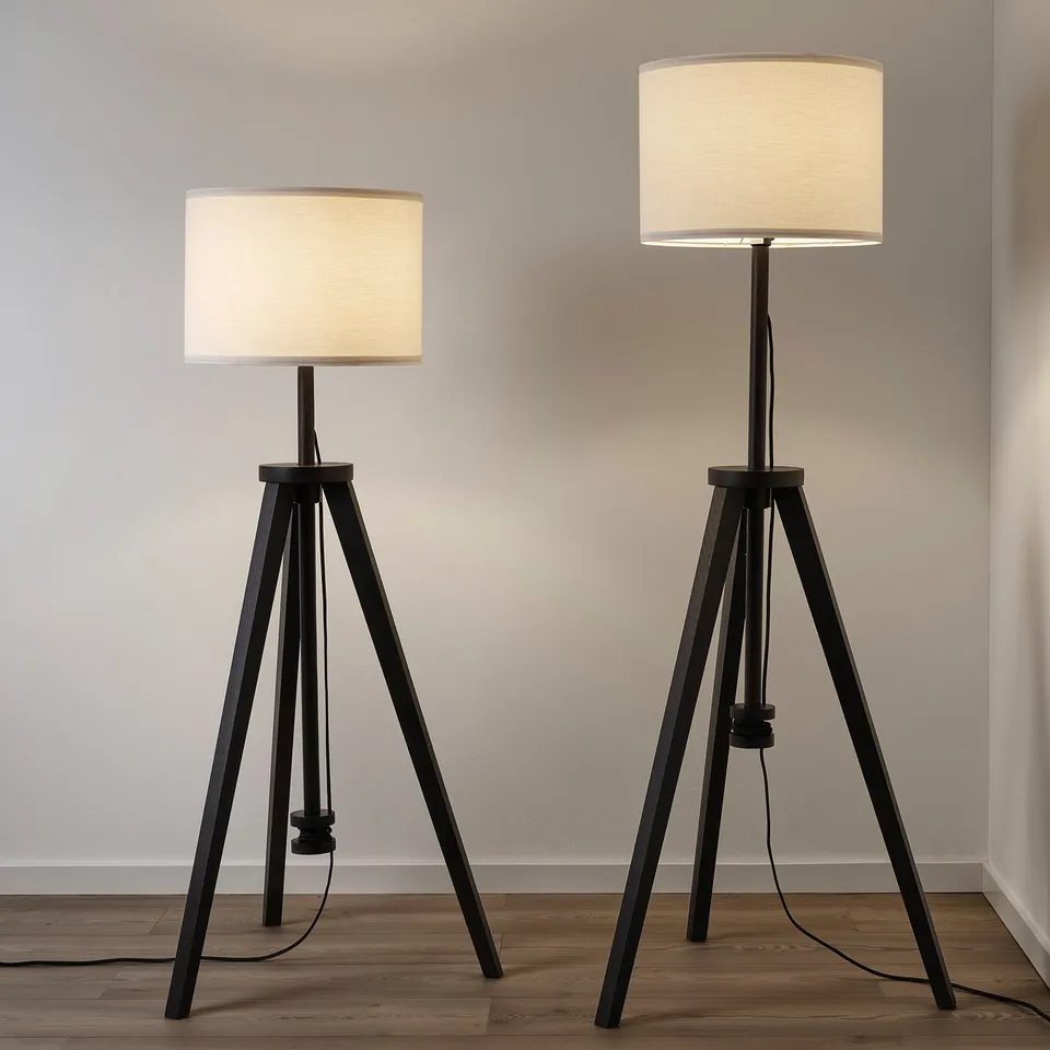 Two tripod lamps with beige shades stand side by side, featuring adjustable heights and hidden cords in their wooden bases.