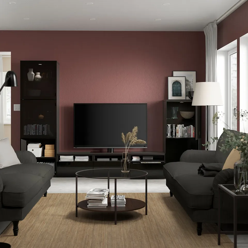 Modern living room, BESTÅ tv unit, books, hidden storage, soft-close drawers.