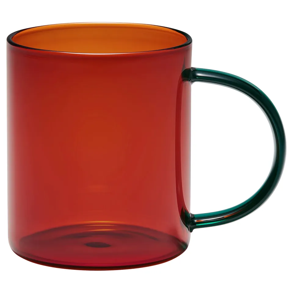 SKUGGSTUBB mug, red and green glass, curved handle, transparent.