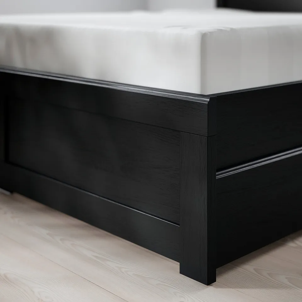 FÅGELFJÄLLET Bed frame with 2 storage boxes, black oak effect, 150x200 cm