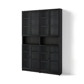 BILLY / OXBERG bookcase w height extension ut/drs, black oak effect/clear glass, Height 237 x Width 160 x Depth 30 cm