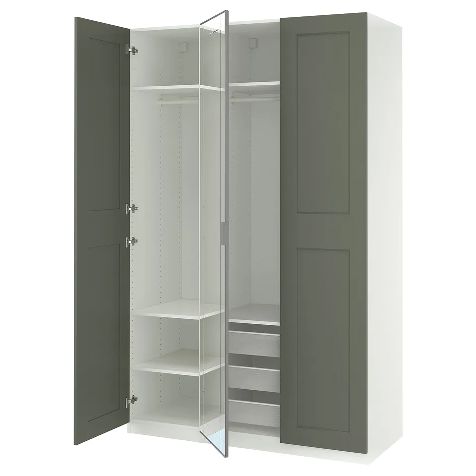 PAX wardrobe: grey-green & white, rectangular. Open doors reveal shelves and drawers.