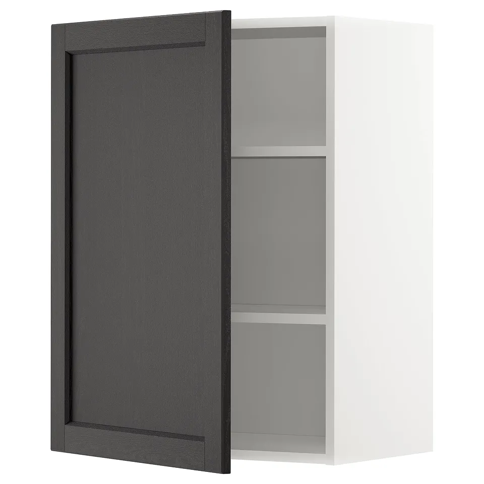 A grayish-black door open cabinet, made of ash wood and durable particleboard, with a sleek, minimalist design.