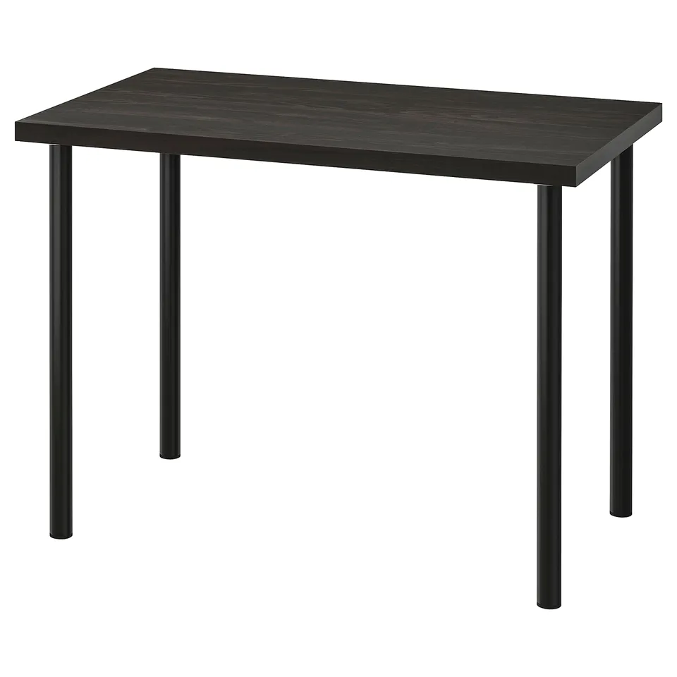 A LINNMON table with a dark brown top and black metal legs, featuring a sleek, rectangular design.