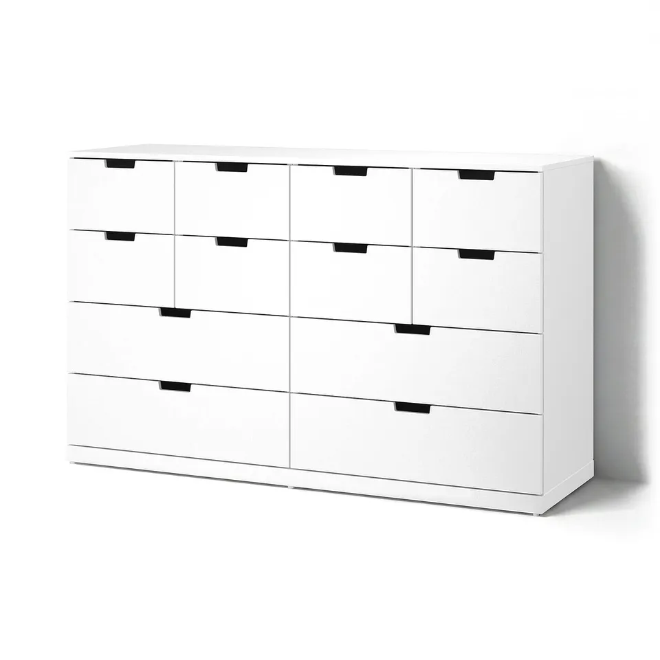 White NORDLI chest with 9 drawers, minimalist design, matte black handles.