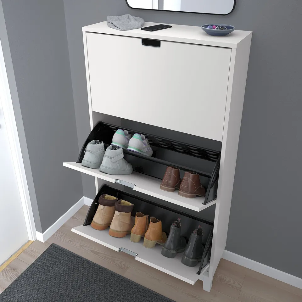 STÄLL shoe cabinet for 18 pairs, space-saving with open compartments and handles.