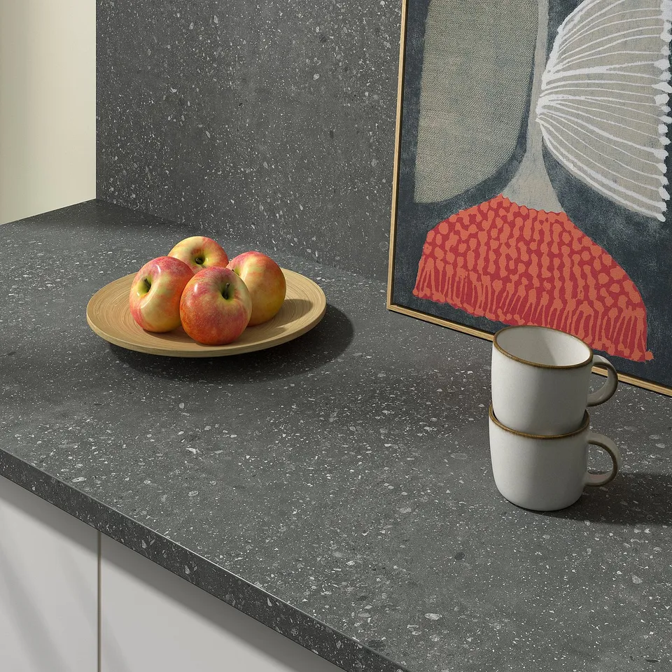 EKBACKEN Worktop, grey terrazzo effect/laminate, 246x2.8 cm