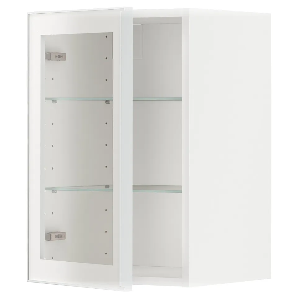 A white METOD kitchen cabinet with glass shelves and a mirrored door. It is rectangular and modern in design.