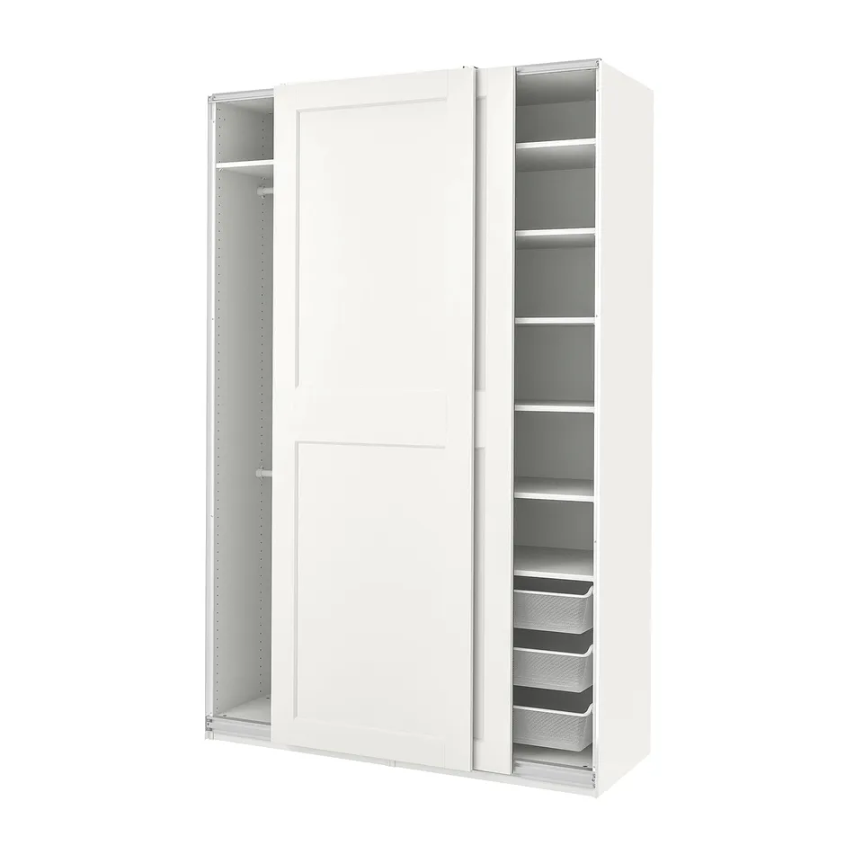 A white ikea PAX wardrobe with sliding doors and shelves. Its modern, minimalist, and internal storage compartments.