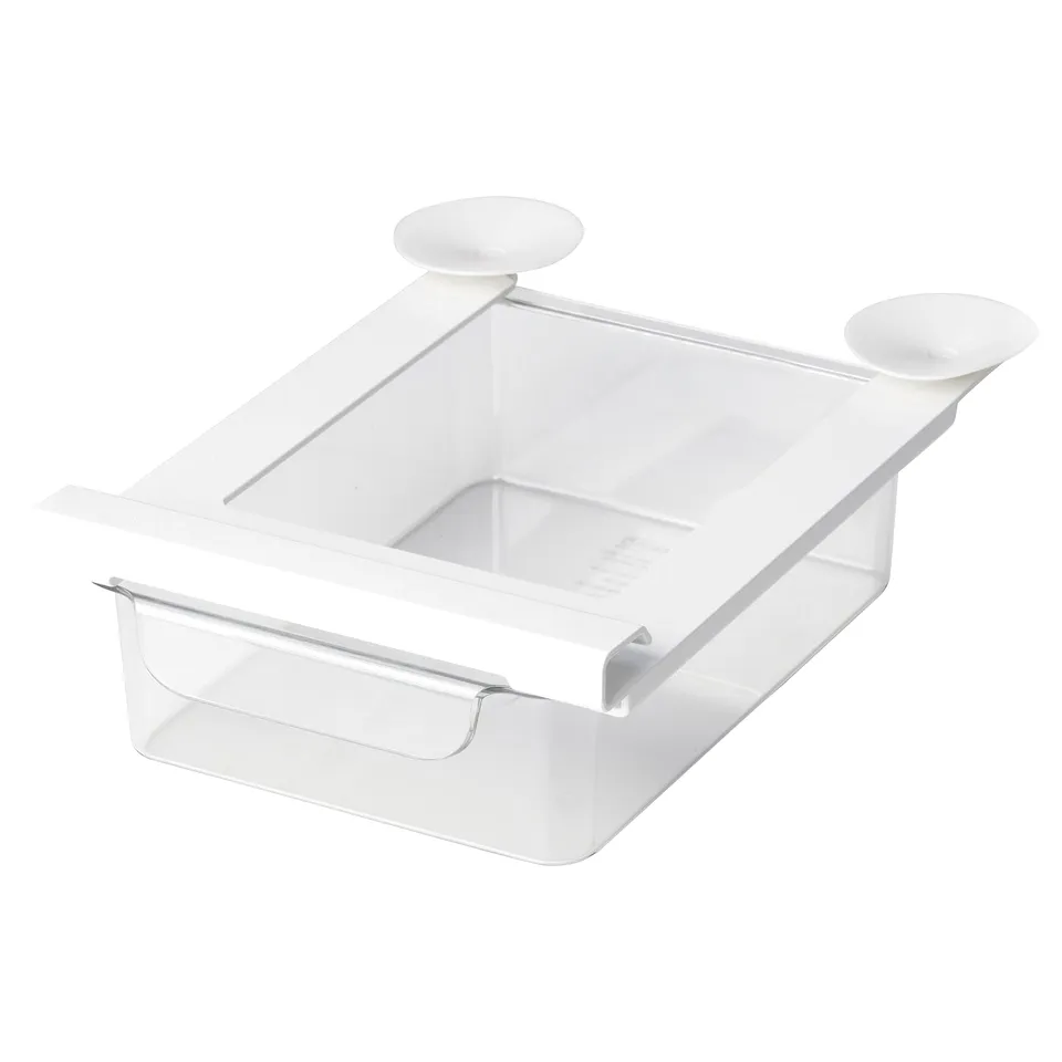 KLIPPKAKTUS: clear fridge organiser, white, plastic, rectangular, suction cups.