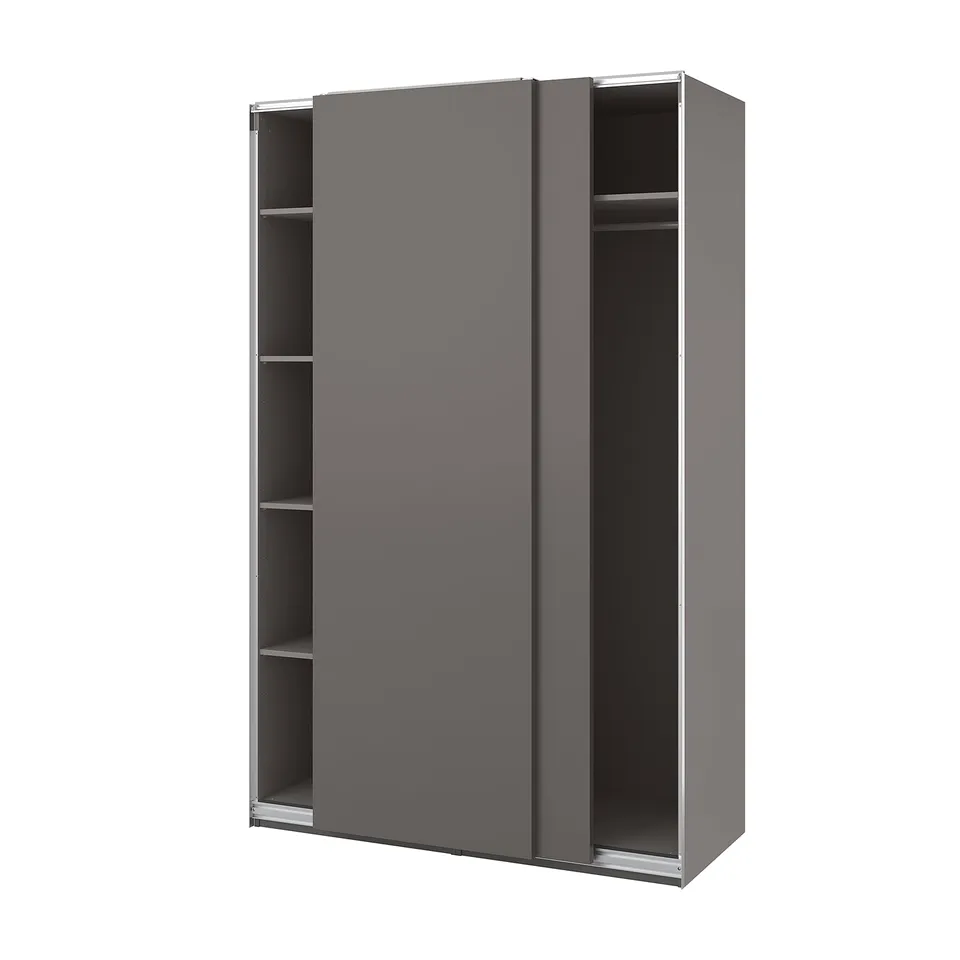 Modern grey PAX wardrobe with sliding doors and open shelves.