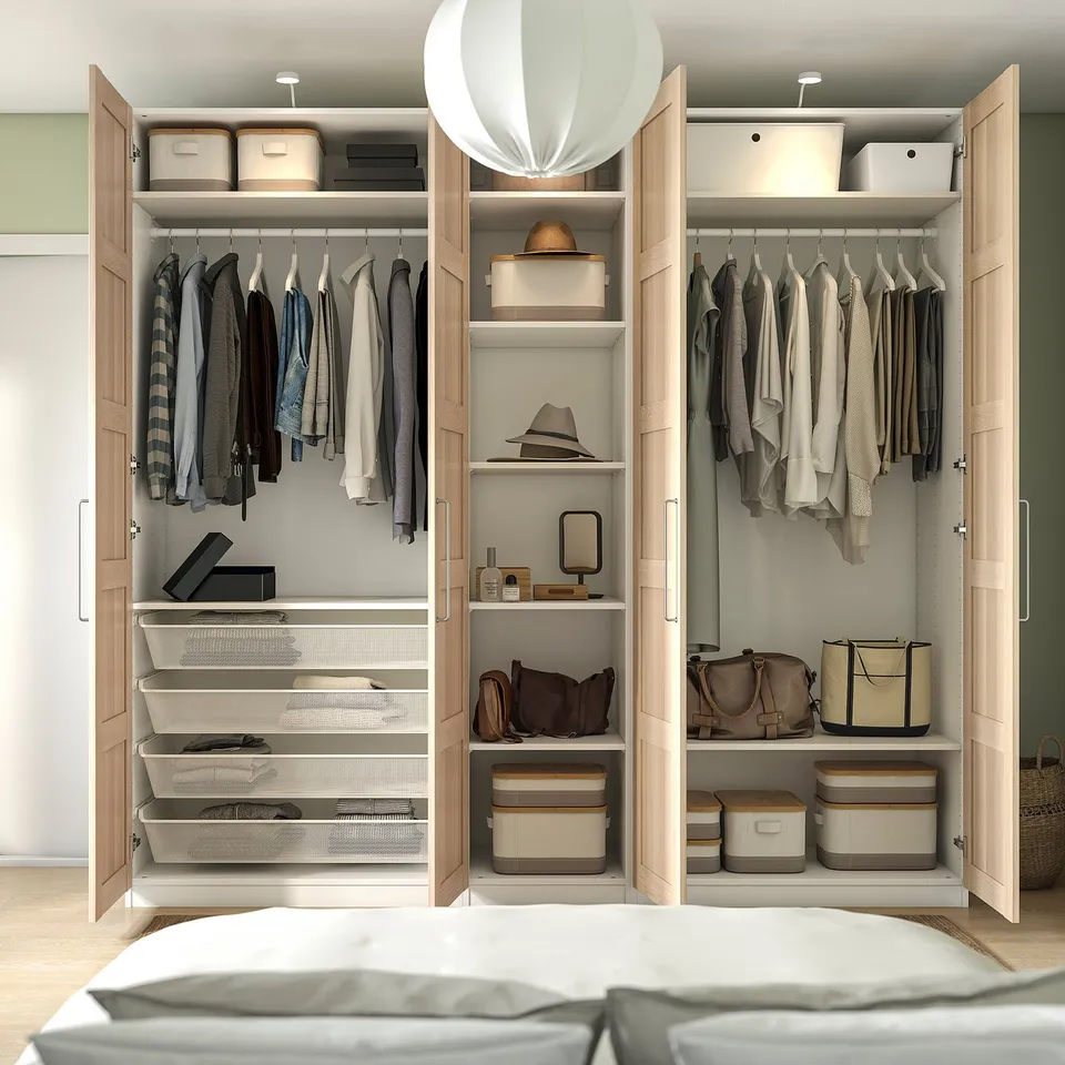 Wardrobe with clothes hangers, shelves, and storage bins, showcasing organised apparel and accessories.