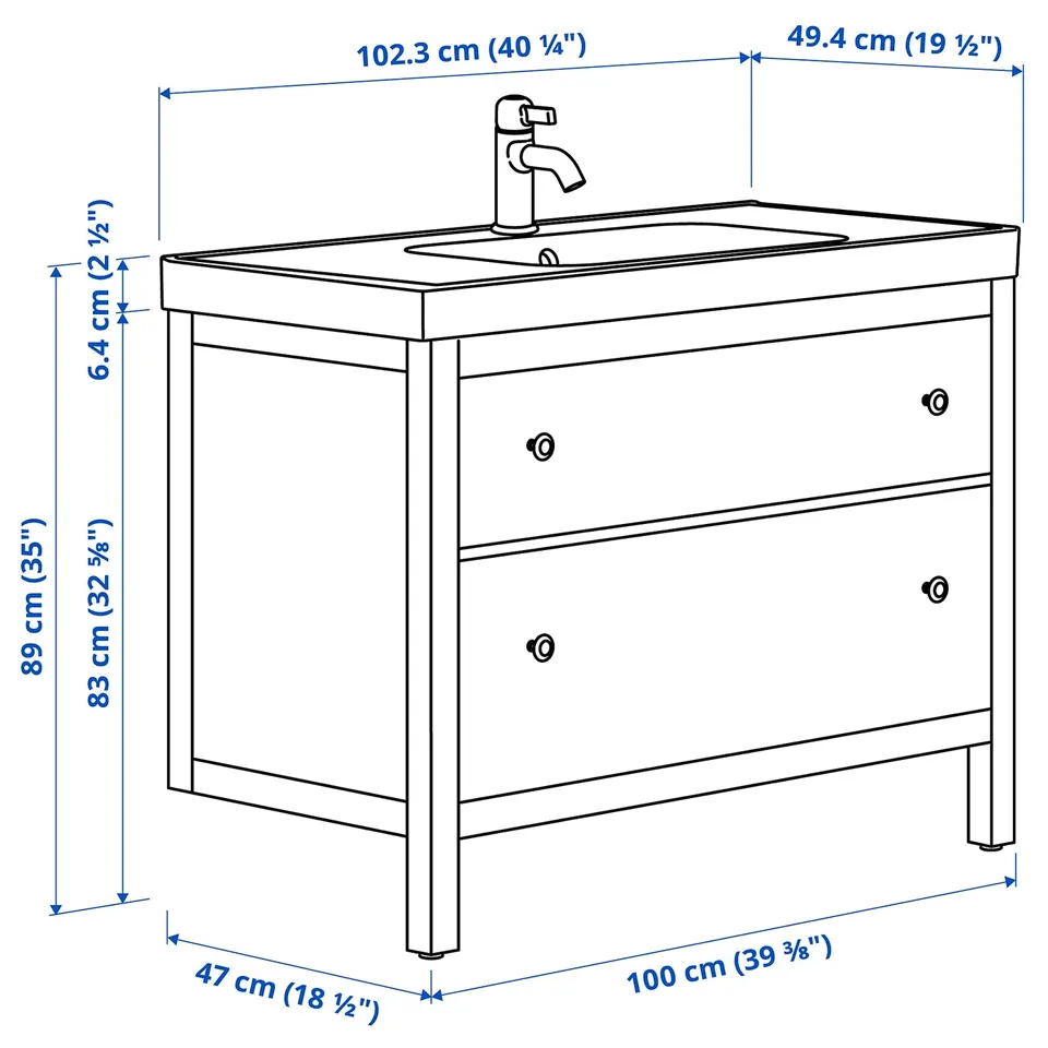 Illustration with measurements for the product: HEMNES.