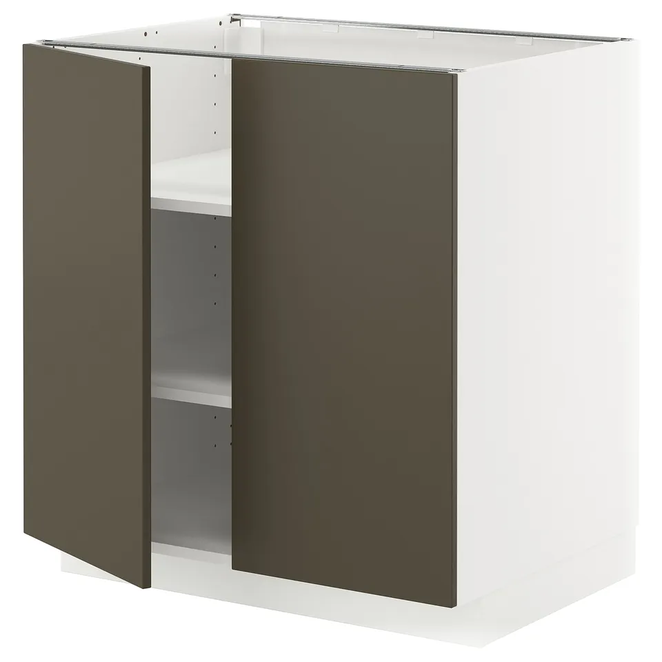 Modern kitchen cabinet with dark brown/beige doors, white body, sturdy frame, adjustable shelves.