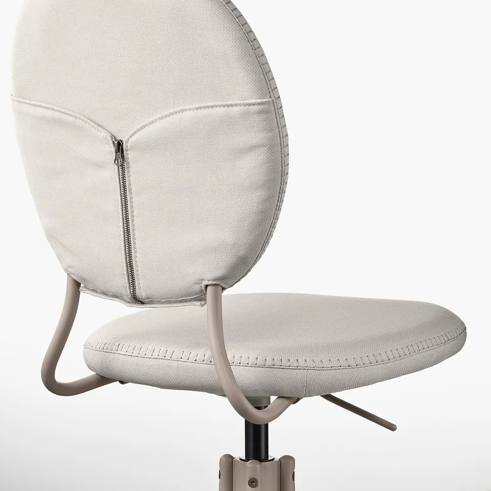 Modern office chair - beige fabric, zippered back, height-adjustable, no armrests.