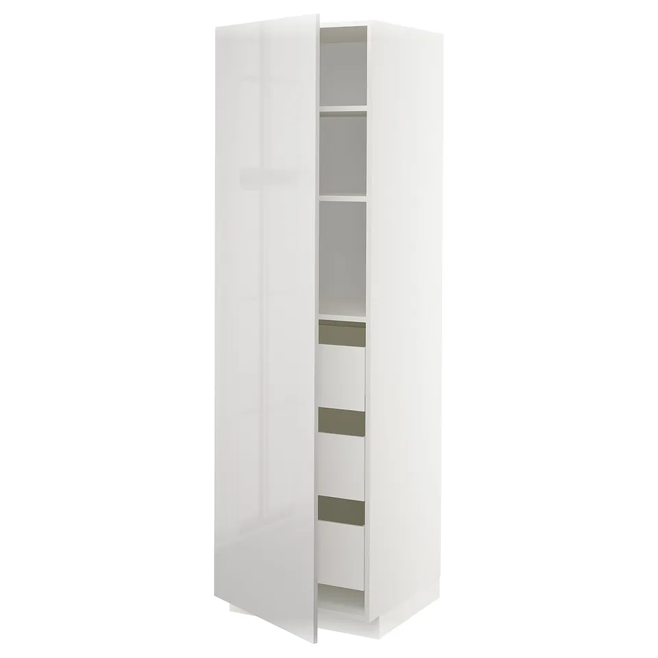 High gloss white METOD kitchen cabinet with adjustable shelves.