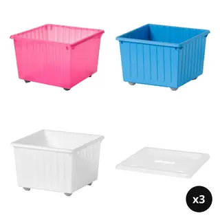 VESSLA set: storage crate with castors + storage crate with castors + storage crate with castors + lid x3