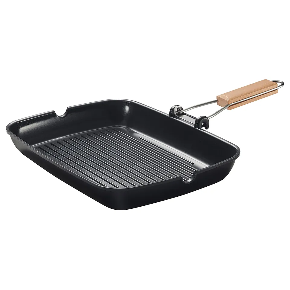Black GRILLA grill pan, rectangular with wooden handle, non-stick, suitable for all hobs.