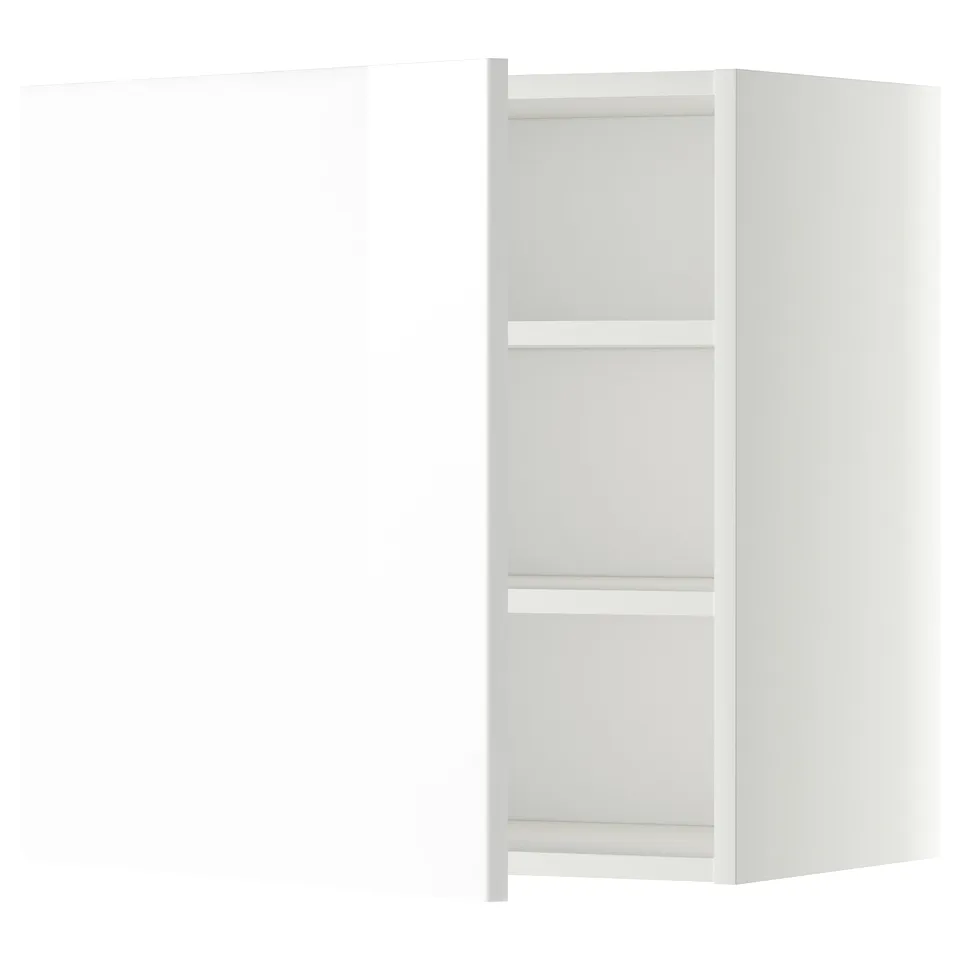 White kitchen cabinet with shelves, modern design, glossy finish.