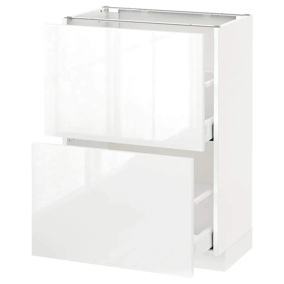 A white high gloss METOD kitchen cabinet with two drawers.