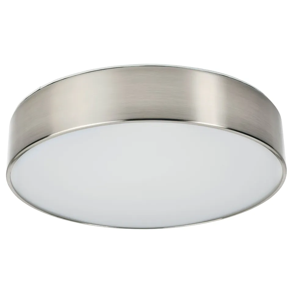 Round brushed nickel ceiling light.