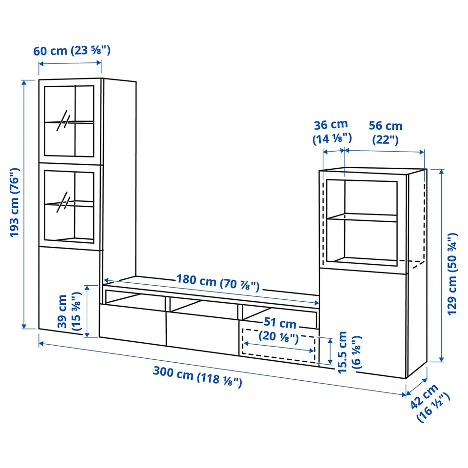 Illustration with measurements for the product: BESTÅ.