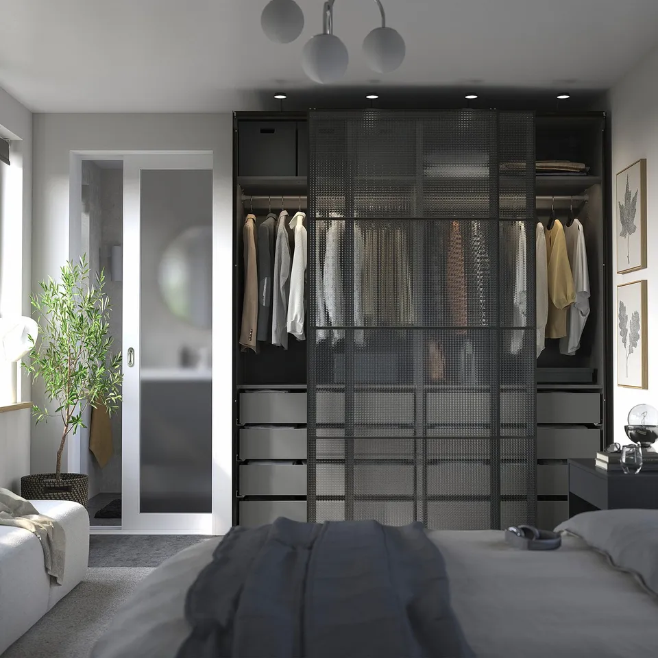 PAX / LUNDBRÄSMA Wardrobe with sliding doors, dark grey black/checkered glass, 200x66x236 cm
