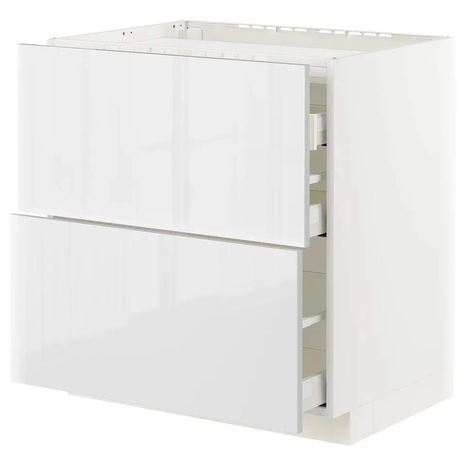 White kitchen cabinet, sleek and modern with glossy finish, removable drawers, square design.