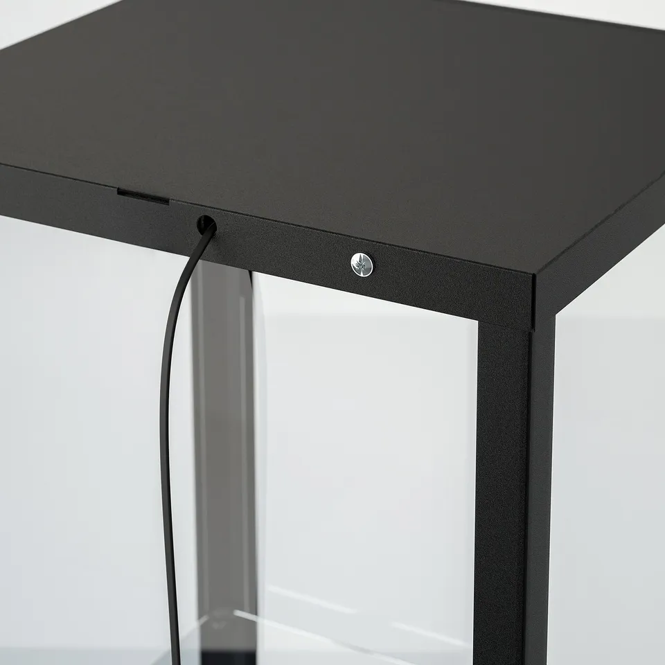 Black glass-door cabinet with removable shelves, showing cable management feature.