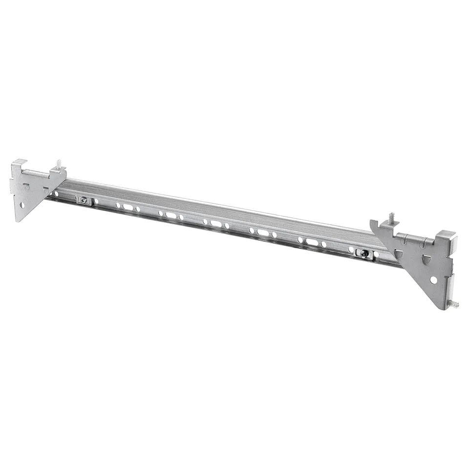 A silver EKET suspension rail for wall mounting, made of galvanised steel, with a rectangular shape and multiple mounting holes.
