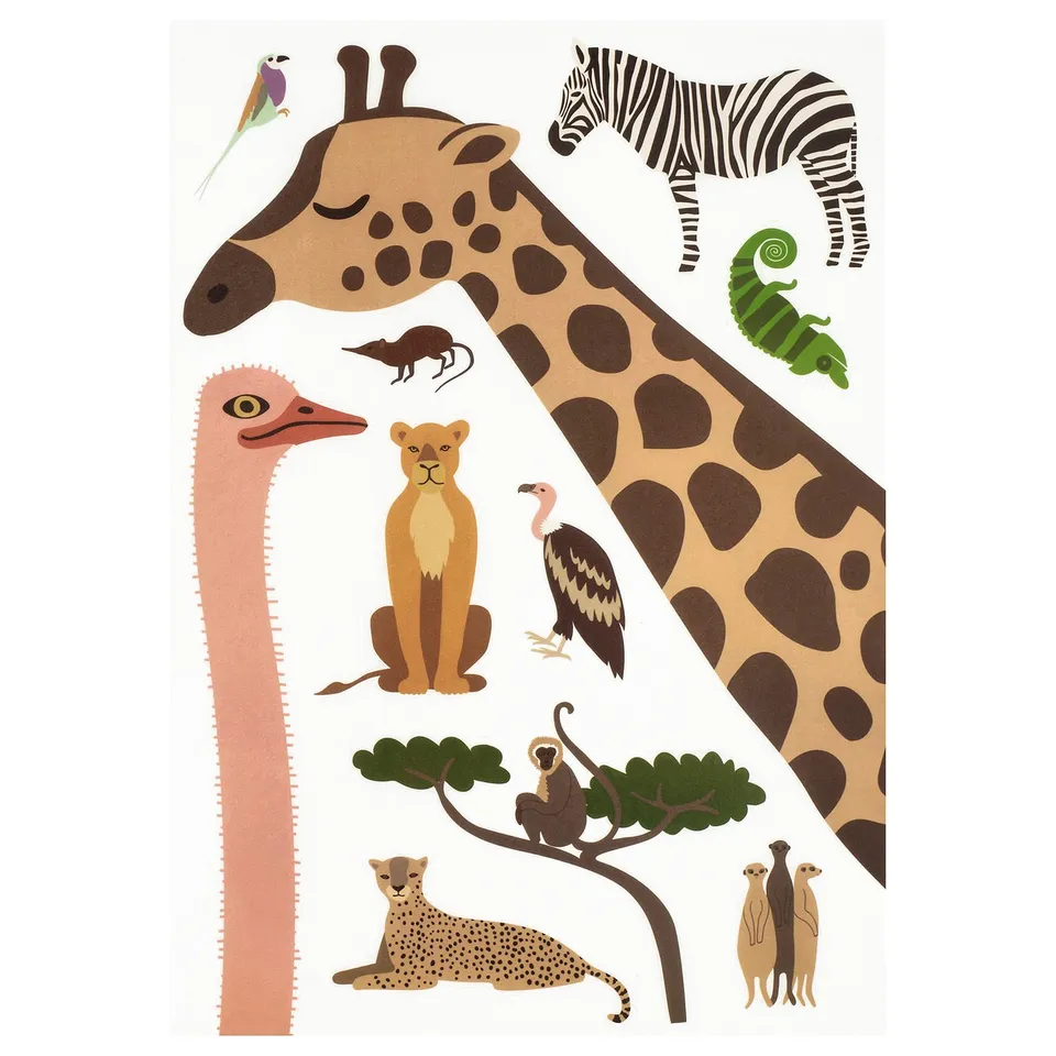 A variety of wildlife stickers, including a giraffe, zebra, lion, flamingo, and more. They are colourful and detailed, perfect for decorating.