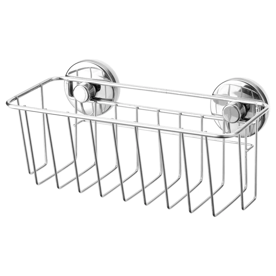 KROKFJORDEN shower basket, silver, stainless steel, rectangular, with suction cups.