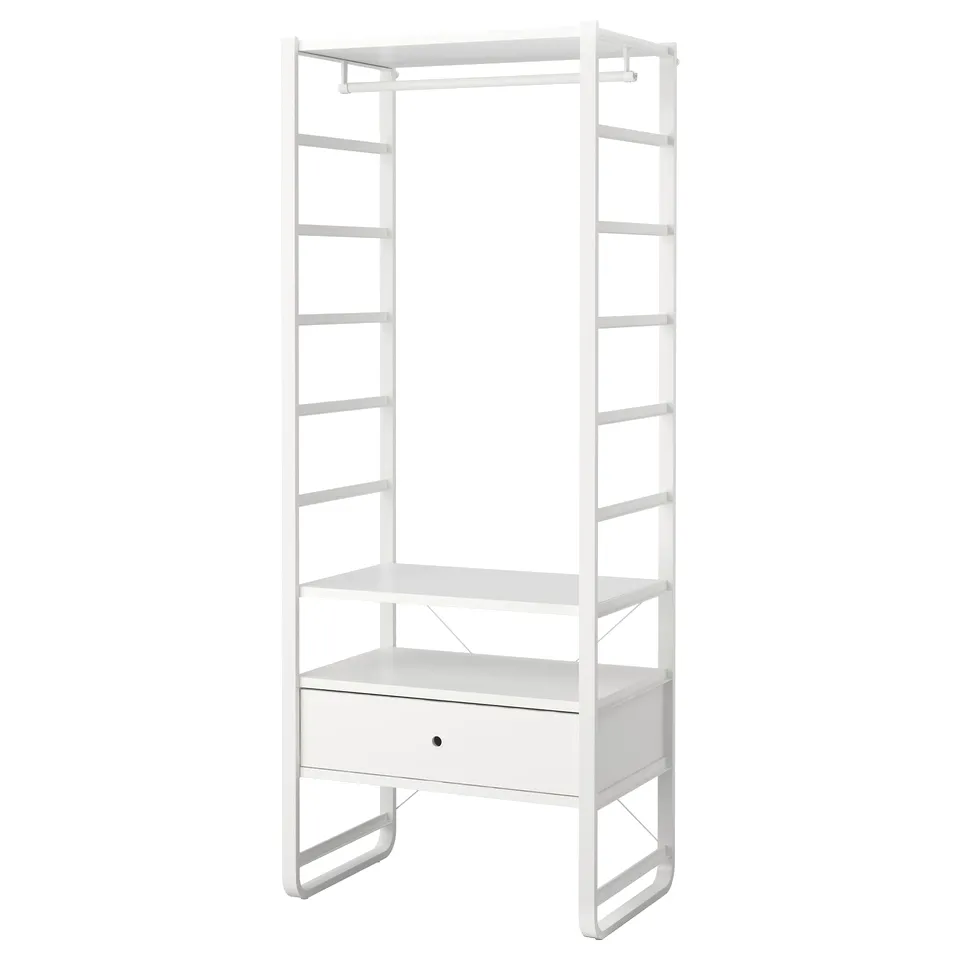 A white ELVARLI storage unit - open, multi-tiered shelving with a drawer and sturdy frame.